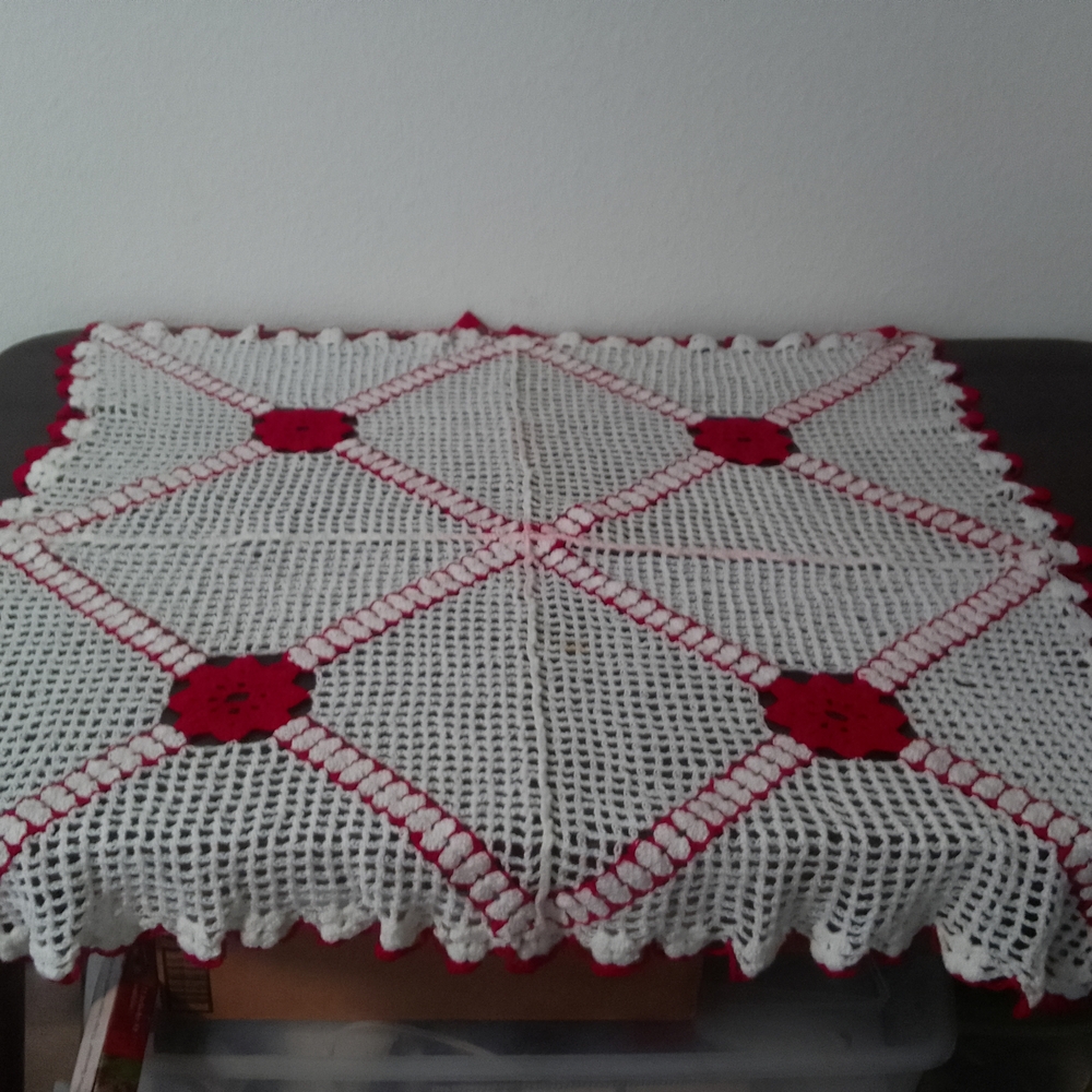 Crochet Table Cover with Red Accents